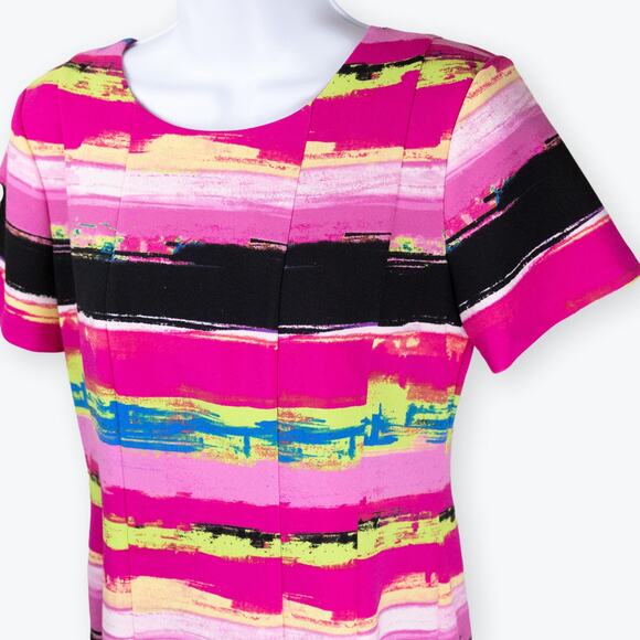 Tahari ASL Hot Pink Striped Scuba Pleated Fit-and-Flare Dress 4 - Picture 10 of 11